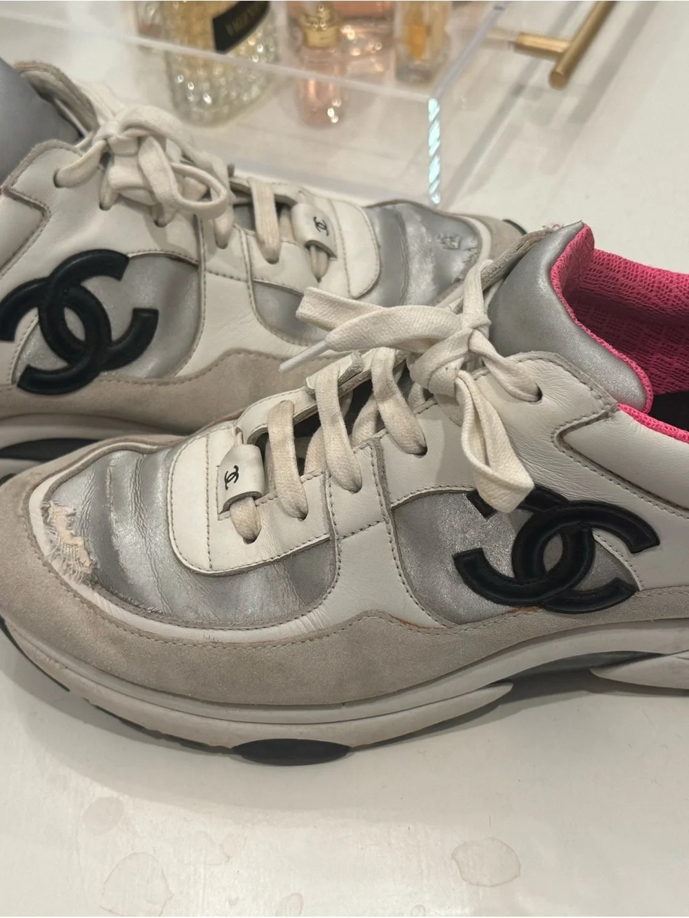 CHANEL White, Silver & Pink Leather-Suede Logo Sneakers